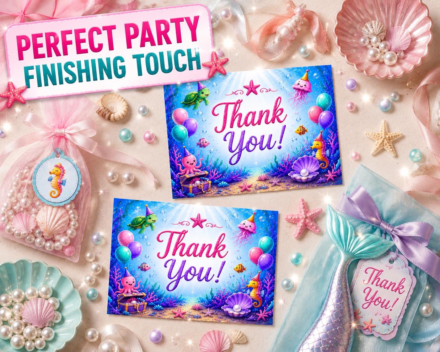 Mermaid Thank You Card Printable Under the Sea Birthday Thank You Tag ...
