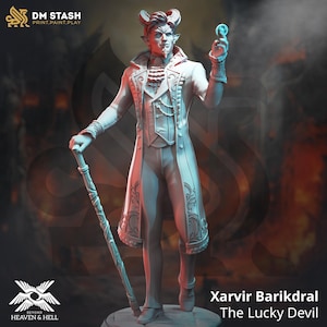 May include: A white 3D printed miniature of a devil with horns, wearing a long coat and holding a staff. The miniature is titled "Xarvir Barikdral The Lucky Devil".