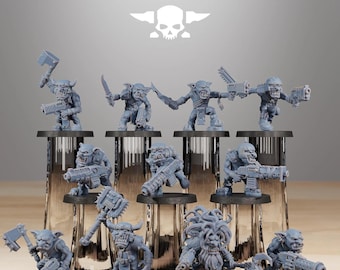 May include: A collection of gray miniature figurines of fantasy creatures, each holding a weapon or firearm. The figurines are displayed on black stands, with the word "STATIONFORGE" at the top.