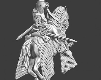 May include: A grayscale sculpture of a knight on horseback. The knight is clad in chainmail armor and a helmet, holding a sword. The horse is also armored, with a detailed saddle and reins. The sculpture is set against a dark background.
