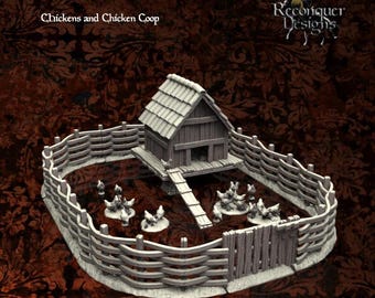 May include: A miniature chicken coop model with a wooden fence and several small chicken figurines. The coop has a sloped roof and a small ramp leading to the entrance. The text "Chickens and Chicken Coop" is visible.