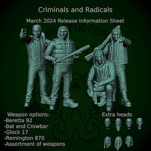 May include: A digital rendering of four figures in hooded jackets and masks, holding weapons. The image includes text that reads "Criminals and Radicals" and "March 2024 Release Information Sheet." Weapon options and extra heads are also listed.
