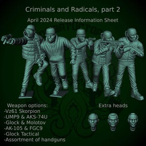 May include: A digital rendering of five figures in casual attire, each holding a weapon. The image is titled "Criminals and Radicals, part 2" with "April 2024 Release Information Sheet" below. Weapon options and extra heads are listed.