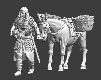 Miniaturas de las Cruzadas del Norte Cruzado medieval caminando con burro Viñeta 28 mm +