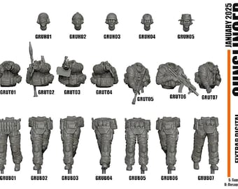 May include: A collection of grey miniature model parts including five heads labeled GRUH01-05, seven torsos labeled GRUT01-07 with various weapons and gear, and seven pairs of tactical pants labeled GRUB01-07, with text reading JANUARY 2025 GUNSLINGER.