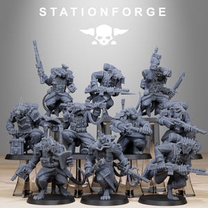May include: A collection of gray miniature figurines of soldiers, each holding weapons and wearing tactical gear. The figurines are arranged on a clear display stand. The text "STATIONFORGE" is at the top of the image.