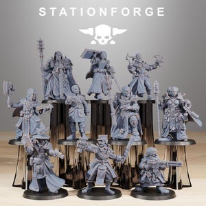 May include: A collection of gray miniature figurines, each depicting a character in a detailed fantasy or sci-fi style. The figurines are arranged on black stands, with the word "STATIONFORGE" displayed at the top.