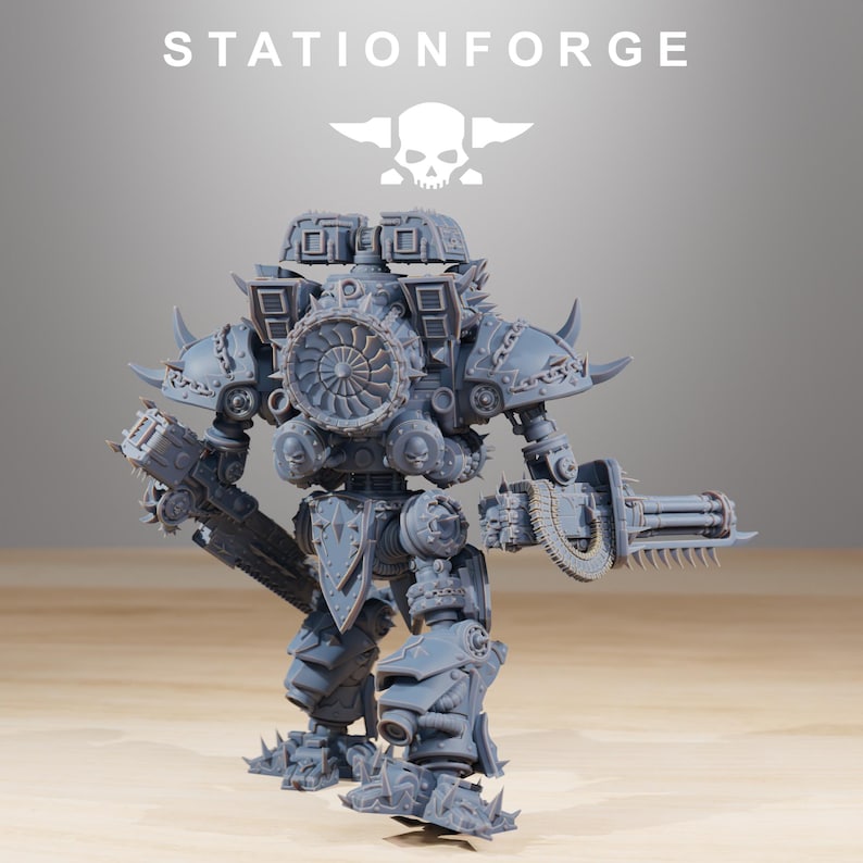 May include: A gray, detailed model of a war machine with the text "STATIONFORGE" above it. The model has a skull and wings logo, a large central turbine, and various weapon attachments. It is a detailed miniature.