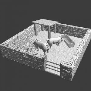 May include: A grayscale miniature farm scene featuring two pigs inside a stone enclosure. The enclosure includes a small wooden table, a feeding trough, and a hay-filled area. A wooden gate is visible.