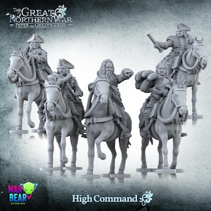 May include: A set of five unpainted grey miniature figures depicting historical military commanders on horseback. The figures are labeled The Great Northern War Peter the Great's Army and High Command. Each rider wears period attire and sits atop a horse.