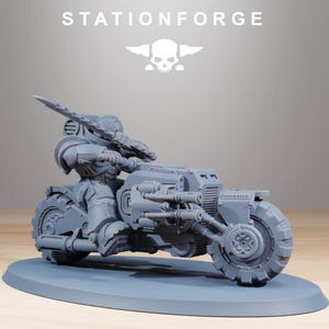 May include: A gray, futuristic motorcycle with a rider in armor, holding a large blade. The motorcycle has large wheels and detailed mechanical components. The text "STATIONFORGE" and a skull logo are visible.