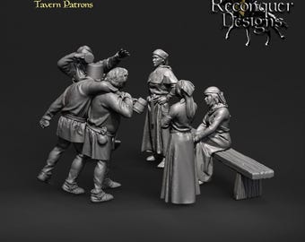 May include: A grayscale image of a tavern scene with several figures. The figures are dressed in medieval clothing and appear to be interacting with each other. The text "Tavern Patrons" is at the top left.