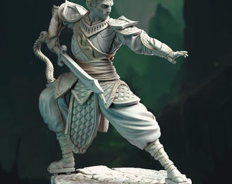 May include: A white painted figurine of a warrior with pointed ears, wearing a detailed armor and holding a sword. The figurine is posed in a dynamic fighting stance, with one leg raised and the other bent. The warrior is standing on a white base.