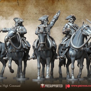 May include: A set of five grey miniature figures depicting soldiers in 18th-century military uniforms mounted on horses. The figures are posed in various stances, including saluting and gesturing, with one central figure raising an arm.