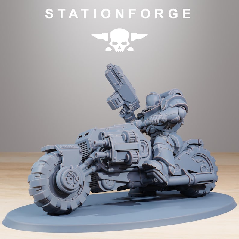 May include: A gray miniature model of a futuristic motorcycle with a rider holding a large gun. The model is on a gray oval base. The text "STATIONFORGE" and a skull logo are at the top.