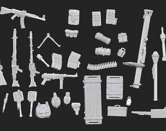 May include: A collection of miniature gray plastic military equipment including various rifles, submachine guns, a rocket launcher, ammunition belts, pouches, shovels, crates, and grenades. These detailed accessories are designed for scale modeling.