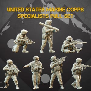 May include: A full set of United States Marine Corps Specialists miniatures. The image shows seven detailed figures in combat poses, each armed with weapons and wearing military gear. The text "UNITED STATES MARINE CORPS SPECIALISTS FULL SET" is displayed at the top.