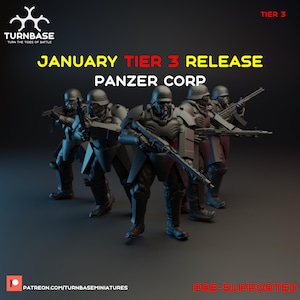 May include: An image featuring five figures in dark armor, holding rifles, with the text "JANUARY TIER 3 RELEASE PANZER CORP" in yellow and white. The image also includes the text "TURNBASE" and "PRE-SUPPORTED".