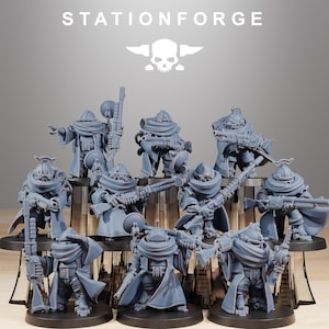 May include: A collection of gray miniature figurines of soldiers, each holding a rifle or weapon. The figurines are arranged on a black display stand. The text "STATIONFORGE" and a skull logo are visible at the top.