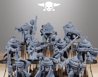 May include: A collection of gray miniature figurines of soldiers, each holding a rifle or weapon. The figurines are arranged on a black display stand. The text "STATIONFORGE" and a skull logo are visible at the top.