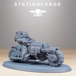 May include: A gray miniature of a futuristic motorcycle with a rider in armor. The motorcycle has large, detailed wheels and a weapon mounted on the front. The text "STATIONFORGE" is at the top.