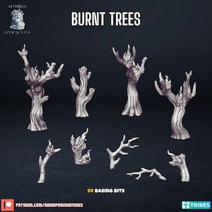 May include: A set of nine grey miniature burnt tree basing bits featuring textured bark and charred branch details. The collection includes various tree trunks, stumps, and fallen branches, with the text BURNT TREES and 9X BASING BITS visible.