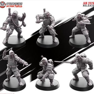 May include: A set of six grey miniature figures depicting tactical warriors in hooded gear, goggles, and armor. Each figure is posed in a dynamic combat stance, holding various weapons like knives, swords, and ropes, all mounted on circular black bases.