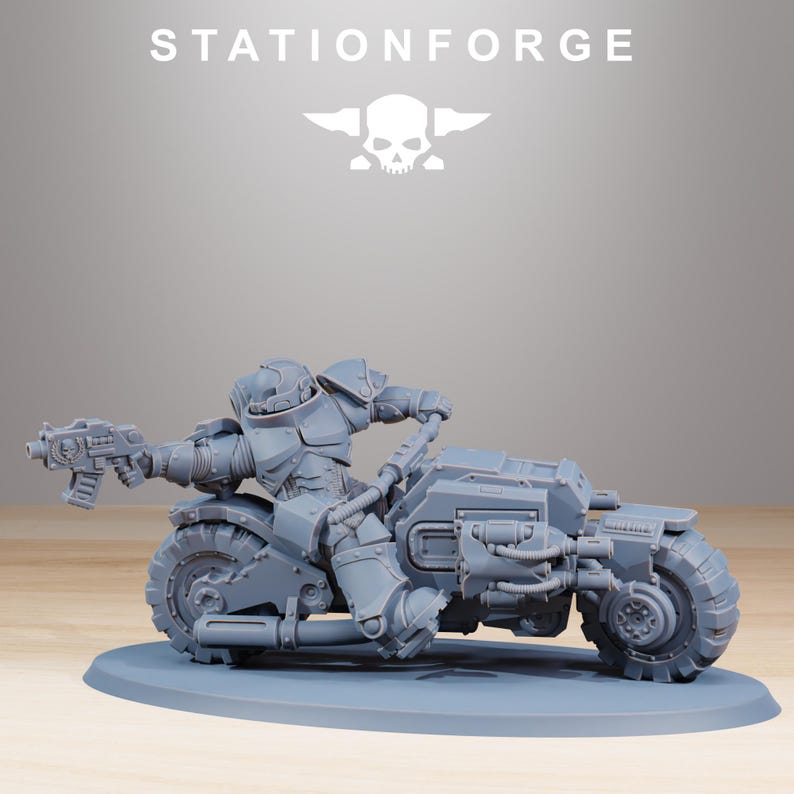 May include: A gray miniature of a futuristic motorcycle with a rider in armor, holding a gun. The motorcycle has large tires and detailed mechanical components. The text "STATIONFORGE" and a skull logo are visible above the motorcycle.