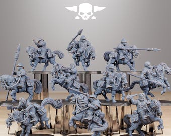 May include: A collection of gray miniature figurines of mounted soldiers, each with detailed armor and weaponry. The figurines are on display stands, with the text "STATIONFORGE" and a skull logo in the background.