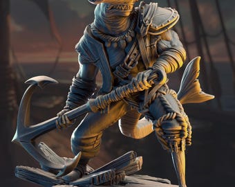 May include: A gray monochromatic figurine of a hammerhead shark humanoid character standing on wooden planks. The figure wears a vest, shoulder armor, and rope wrappings, holding a large metal anchor with both hands while displaying a tail.