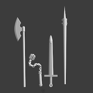 May include: A collection of medieval weapons, including a battle axe, flail, sword, and spear. The weapons are rendered in a monochromatic, light gray color, with detailed designs. The axe has a curved blade, the flail has a chain and spiked ball, and the sword has a crossguard.