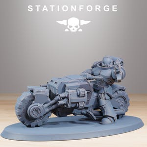 May include: A gray, futuristic motorcycle with a detailed rider figure, set on a gray base. The motorcycle has large, textured tires and complex mechanical components. The text "STATIONFORGE" is at the top.