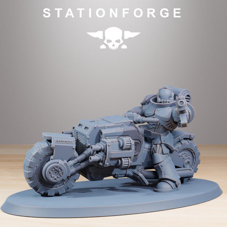 May include: A gray, futuristic motorcycle with a detailed rider figure, set on a gray base. The motorcycle has large, textured tires and complex mechanical components. The text "STATIONFORGE" is at the top.