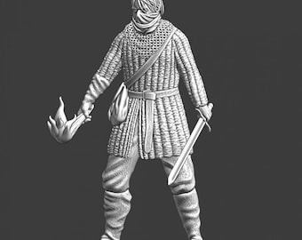 May include: A grayscale figurine of a medieval warrior, holding a flaming torch in one hand and a sword in the other. The figure is clad in chainmail and a tunic, with a satchel and belt. The warrior's face is partially obscured.