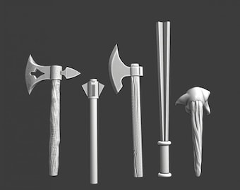 May include: A collection of five medieval-style weapons. The weapons include two axes, a mace, a sword, and a club. The weapons are all a light gray color and appear to be made of metal and wood. The background is a solid dark gray.