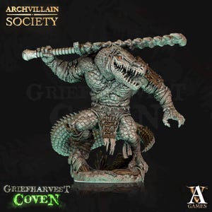 May include: A detailed miniature figurine of a reptilian creature with a toothy grin, holding a spiked weapon. The figure is painted in shades of gray and white, with a textured surface. The figure is standing on a base with a green and brown color scheme. The figure is labeled "Griefharvest Coven" and "Archvillain Society".