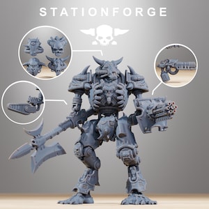 May include: A gray, detailed miniature robot figure with multiple weapons and interchangeable head options. The figure is holding a large axe and a multi-barreled gun. The text "STATIONFORGE" is displayed at the top of the image.