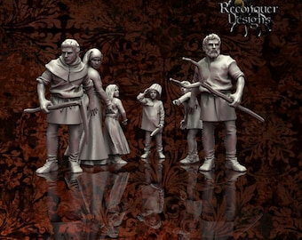 May include: A group of detailed, gray-toned figurines depicting medieval figures, including men, women, and children, some holding wooden tools. The figures are set against a dark, patterned background, with the text "Reconquer Designs" in the upper right corner.