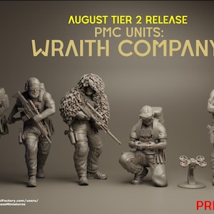 May include: A promotional image for Turnbase miniatures, featuring PMC units from the Wraith Company. The image showcases several detailed miniature figures of soldiers in various combat poses, holding weapons. The text "August Tier 2 Release" and "Pre-Supported" is also visible.