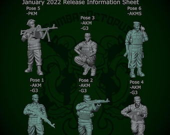 May include: An image featuring six gray-toned miniature figurines of African militants in various poses. The figures are holding weapons, and the image includes text indicating the release information for January 2022. The text also labels each pose with a number and weapon type.