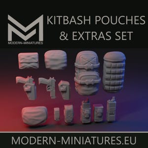 May include: A collection of gray miniature accessories labeled KITBASH POUCHES & EXTRAS SET, including various pouches, a backpack, holstered pistols, and communication devices. The items are arranged on a dark background with red and blue lighting.