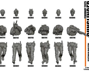 May include: A collection of gray miniature soldier parts including six heads with tactical gear, six torsos with various weapons and vests, and six pairs of legs in combat trousers. Text reads FEBRUARY 2025 GUNSLINGER FLYTRAP DIGITAL BLACK SECTOR PMC.