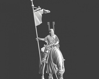 Miniaturas de las Cruzadas del Norte: Caballero teutónico alemán medieval montado y bandera, 28 mm