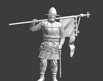 Miniaturas de las Cruzadas del Norte: Soldado medieval a pie con estandarte (28 mm +)