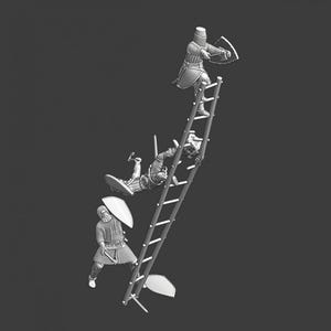May include: A 3D-rendered image depicts three medieval knights on a ladder. One knight is at the top, another is falling, and the third is climbing. The knights are clad in armor and carry shields and weapons, set against a dark gray background.