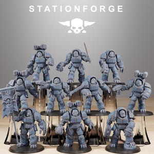May include: A collection of gray miniature figurines of armored soldiers, each with unique weapons and poses. The figurines are displayed on clear stands, with the text "STATIONFORGE" and a skull logo at the top.