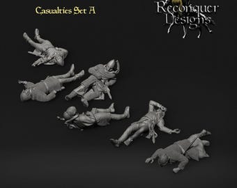 May include: A collection of miniature medieval casualties, posed in various positions, with armor and helmets. The text "Casualties Set A" is displayed at the top left, and the Reconquer Designs logo is at the top right.