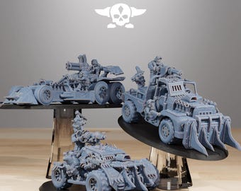 May include: Three gray miniature war vehicles with mounted weapons and figures. The vehicles are displayed on black stands. The top of the image has the text "STATIONFORGE" and a skull logo.