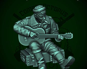May include: A 3D-rendered figure of a person playing a guitar, seated on a wooden box. The figure wears a hat, jacket, and boots, with a cigarette in their mouth. The text "Remembering the boys" and "30th anniversary of First Chechen War Memorial Figure" are at the top.