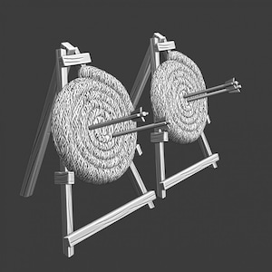 May include: Two archery targets made of coiled rope, each with arrows embedded. The targets are mounted on wooden frames. The arrows are gray, and the targets are a light beige color. The background is a solid gray.